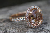 18k Rose Gold Oval Morganite Peach Beige Diamond Halo Engagement Ring Vintage 10x7mm