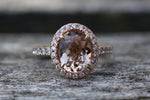 18k Rose Gold Oval Morganite Peach Beige Diamond Halo Engagement Ring Vintage 10x7mm