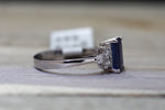18k White Gold Emerald Shape Cut Blue Sapphire Diamond Engagement Promise Ring Anniversary Halo Vintage Art Deco