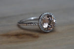 14k White Gold Round Pink Peach Morganite Diamond Halo Engagement Ring 8mm