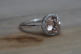 14k White Gold Round Pink Peach Morganite Diamond Halo Engagement Ring 8mm