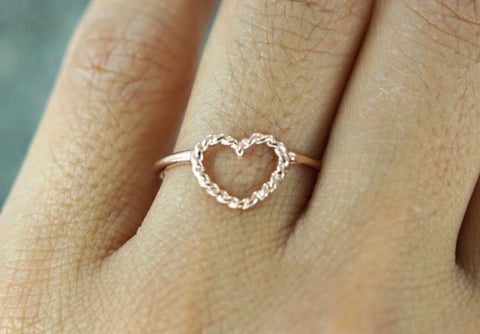 14k Rose Gold Twist Rope Open Heart Anniversart Promise Love Ring Band