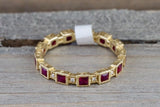 14k Yellow Gold Square Princess Cut Red Ruby FULL Eternity Gemstone Diamond Vintage Antique Classic Band Ring Style Design Art Deco Chic