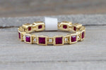 14k Yellow Gold Square Princess Cut Red Ruby FULL Eternity Gemstone Diamond Vintage Antique Classic Band Ring Style Design Art Deco Chic