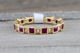 14k Yellow Gold Square Princess Cut Red Ruby FULL Eternity Gemstone Diamond Vintage Antique Classic Band Ring Style Design Art Deco Chic