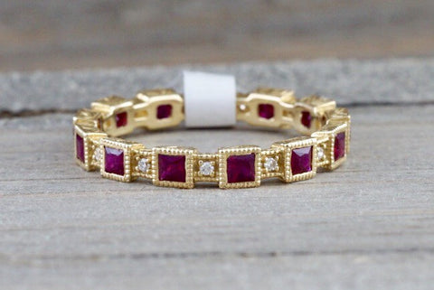 14k Yellow Gold Square Princess Cut Red Ruby FULL Eternity Gemstone Diamond Vintage Antique Classic Band Ring Style Design Art Deco Chic