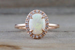 14k Rose Gold Oval Fire Opal Diamond Halo Engagement Love Anniversary Ring Art Deco Vintage Love Promise