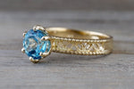 14k Yellow Gold Leaf Floral Danity Vintage Milgrain Round Blue Topaz Engagement Ring Love Engagement Promise