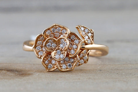 18kt Rose Gold Diamond Flower Petal Floral Band Promise Ring Anniversary