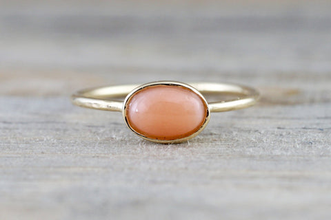 14k Solid Yellow Gold Oval Bezel Natural Pink Coral 0.39 carats Band Ring