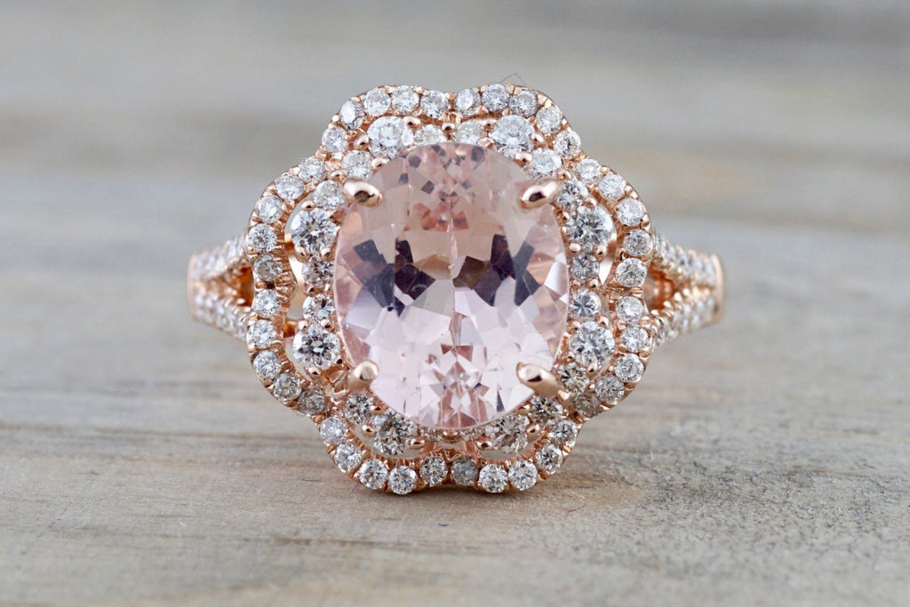 10*12mm Oval Cut Big Unique Antique Morganite Engagement Ring