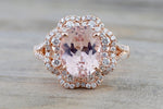 14k Rose Gold Oval Morganite Diamond Double Halo Engagement Ring Vintage Crown Dainty