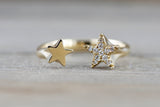 14k Yellow Gold Solid Double Diamond Star Open Ring Band