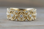 14k Yellow Gold Diamond Milgrain Etched Floral Vintage Anniversary Wedding Wide Right Hand Band Ring