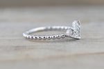 14k White Gold Dainty Heart Ring With Round Cut Diamonds Bead Design Promise Ring Anniversary Band Vines Filigree Milgrain Etching