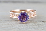 14k Rose Gold Round Purple Amethyst Ring Vintage Floral Milgrain Vines Anniversary Engagement Wedding Ring Band