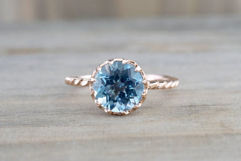 Melrose 7mm 14k Rose Gold Round Blue Topaz Engagement Ring Crown Vintage Design Rope Classic November Birthstone