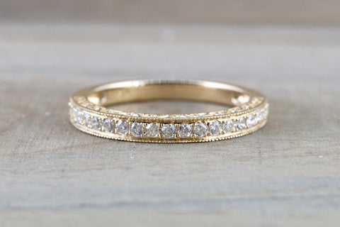 14kt Yellow Gold Diamond Milgrain Etching Vintage Wedding Engagement Anniversary Band Ring Filigree Vine