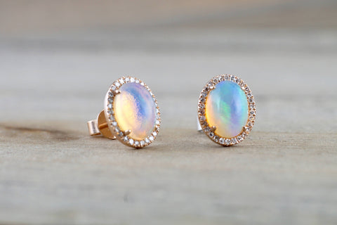 14k Rose Gold Oval Diamond Halo Opal Earring Studs Earrings
