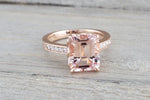 14k Rose Gold EMERALD Cut Pink Peach Morganite Diamond Engagement Promise Ring Rope Bead Vintage