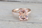 14k Rose Gold EMERALD Cut Pink Peach Morganite Diamond Engagement Promise Ring Rope Bead Vintage