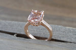 14k Rose Gold Elongated Emerald Cut Pink Morganite Diamond Engagement