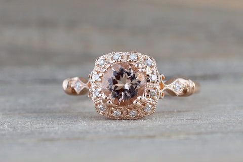 Clovis Gold Vintage Diamond Morganite Engagement Promise Ring Rope Bead Vintage Art Deco
