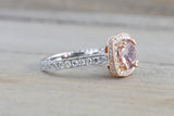 14k Rose and White Gold Cushion Halo Engagement Promise Ring Rope Bead Vintage