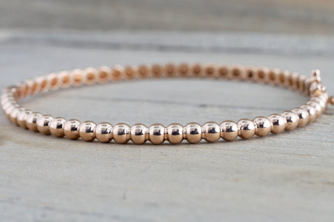 14k Solid Rose Gold Thick Bead Dot Charm Bracelet Dainty Love Oval Fashion Bangle 3.2mm Open