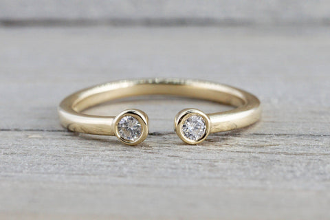 14k Yellow Gold Double Bezel Diamond Open Cuff Fashion Ring Band Midi Ring