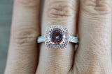 8mm 14k Rose and White Gold Cushion Halo with Round Pink Peach Morganite Engagement Promise Ring Rope Bead Vintage