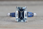 14k White gold Emerald Aquamarine with Blue Sapphire Baguette Future Past Present Engagement Ring