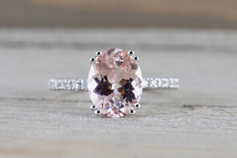 14k White Gold Diamond Band Oval Morganite Solitaire Double Prong Engagement Ring Love