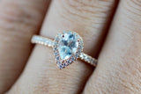 18k Rose Gold Dainty Pear Aquamarine with Diamond Halo Engagement Wedding Ring Band Promise