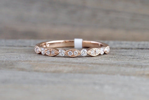 14k Rose Gold Diamond Vintage Milgrain Bezel Band Ring Wedding