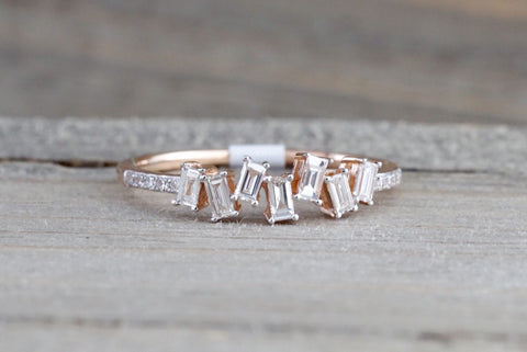 Manhattan 14kt Rose Gold Round Brilliant And Baguette Cut Diamond Ring Engagement Wedding Band Promise Stackable Stacking staggered