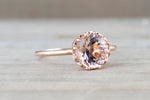 7mm Melrose Smooth 14k Rose Gold Round Morganite Pink Peach Champagne Beige Diamond Halo Engagement Ring Crown Vintage Solitaire