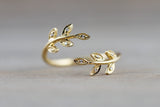 18k Yellow Gold Diamond Leaf Floral Flower Petal Open Fashion Ring