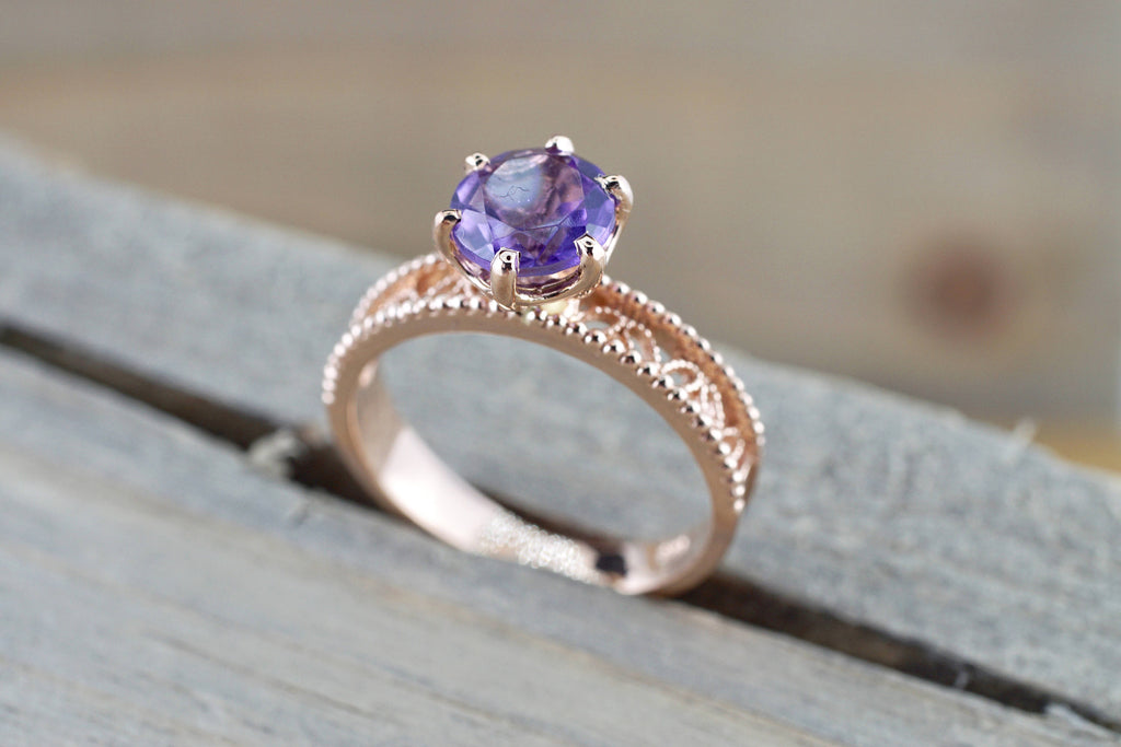 14k Rose Gold Round Purple Amethyst Ring Vintage Floral Milgrain