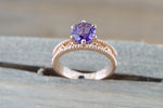 14k Rose Gold Round Purple Amethyst Ring Vintage Floral Milgrain Vines Anniversary Engagement Wedding Ring Band