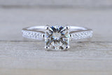 6.5mm Charles Colvard Forever Brilliant Cushion Moissanite 18k White Gold Solitaire Diamond Band Engagement Ring