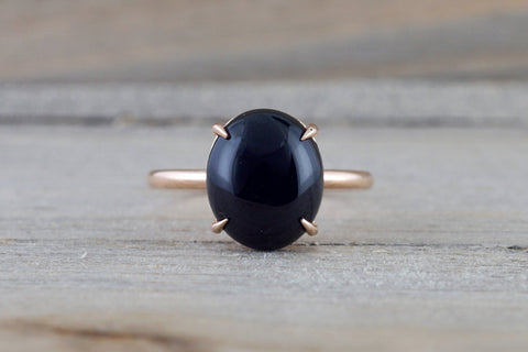 14k Rose Gold Oval Black Onyx Prong Engagement Promise Ring Rope Bead Vintage Classic  10x12