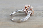 8mm 14k Rose and White Gold Cushion Halo with Round Pink Peach Morganite Engagement Promise Ring Rope Bead Vintage