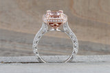 8mm 14k Rose and White Gold Cushion Halo with Round Pink Peach Morganite Engagement Promise Ring Rope Bead Vintage