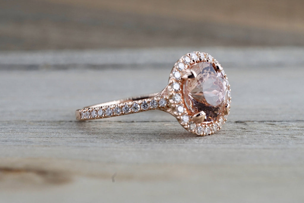 14k Rose Gold Round Peach Pink Morganite Diamond Halo Engagement Anniv ...