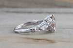18k White Gold Vintage Art Deco Round Peach Pink Morganite Diamond Engagement Anniversary Ring Crown
