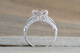 18k White Gold Vintage Art Deco Round Peach Pink Morganite Diamond Engagement Anniversary Ring Crown