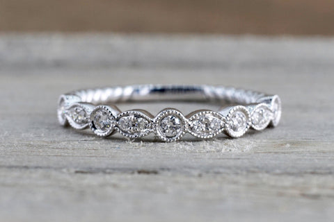 14k White Gold Round Cut Diamond Rope Twined Vine Engagement Pave Stackable Stacking Promise Ring
