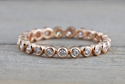 14k Rose Gold Round Cut Diamond Bezel Full Eternity Stackable Stacking Promise Ring Anniversary Bead