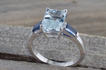 14k White gold Emerald Aquamarine with Blue Sapphire Baguette Future Past Present Engagement Ring
